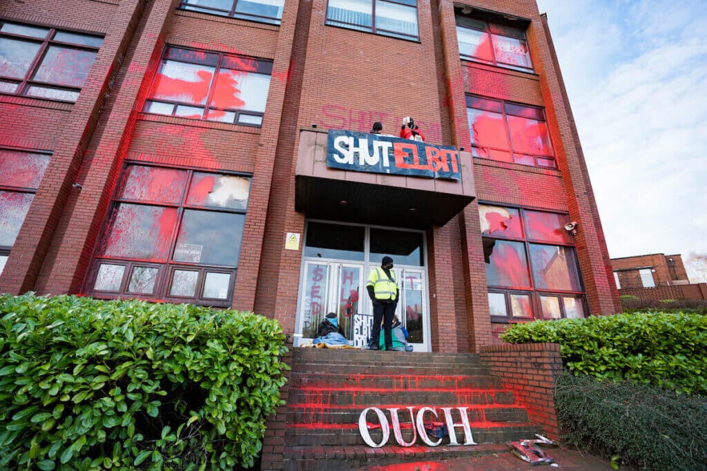 Palestine Action and Extinction Rebellion activists shut down Israeli arms factory Activists with Palestine Action and Extinction Rebellion North occupy an Israeli arms factory in Oldham, UK (Photo: Palestine Action)